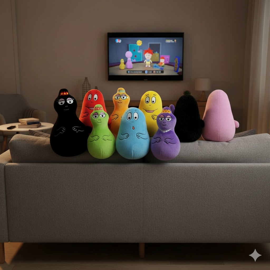 peluche barbapapa sur un canapé