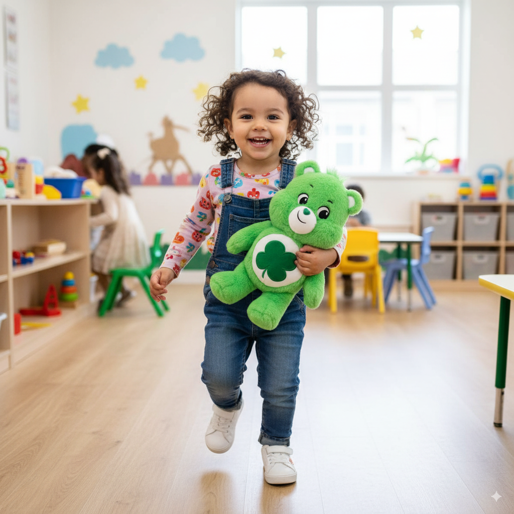 petite fille qui joue à la crèche avec sa peluche bisounours touchanceux
