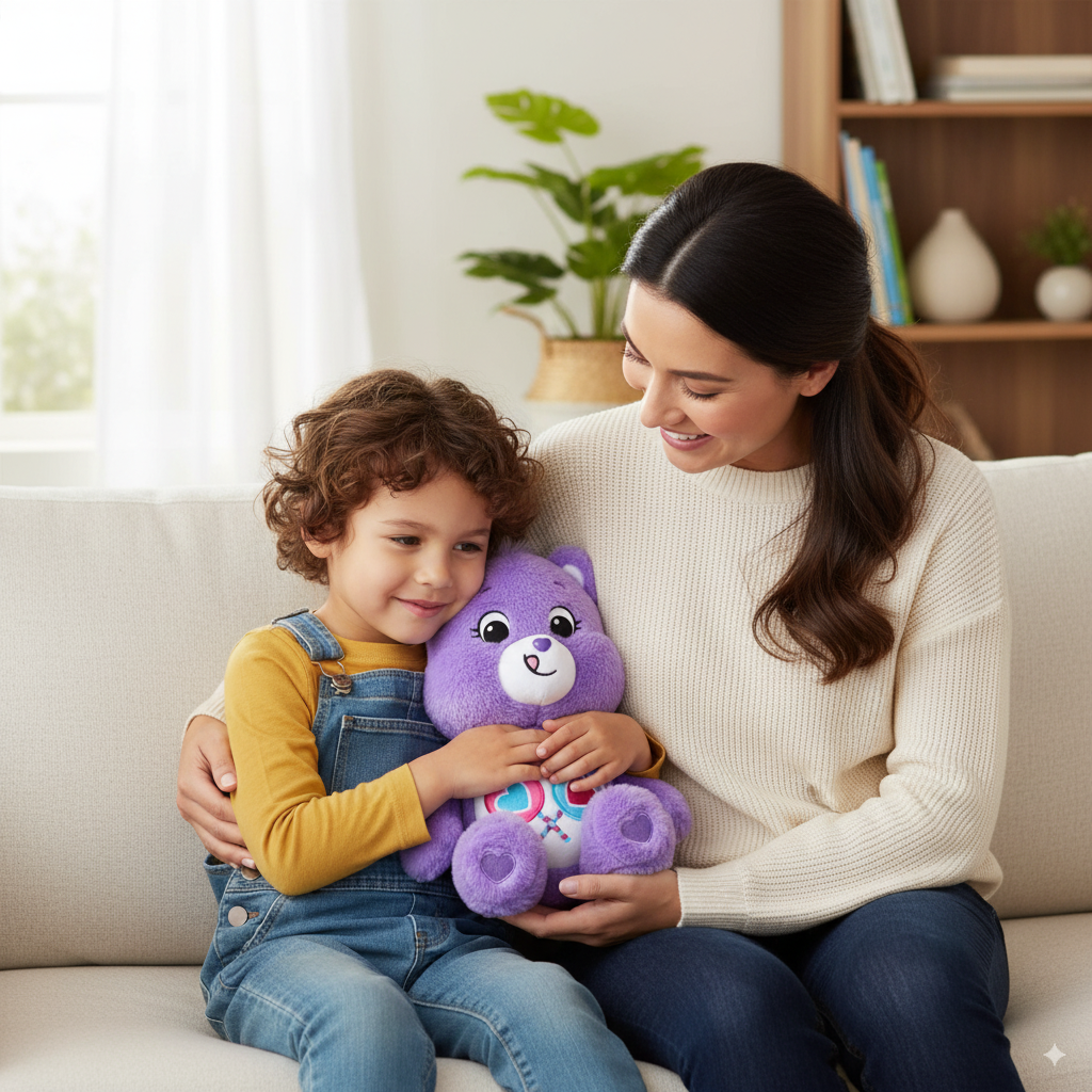 peluche bisounours tougentille dans les bras d'un enfant avec sa mère