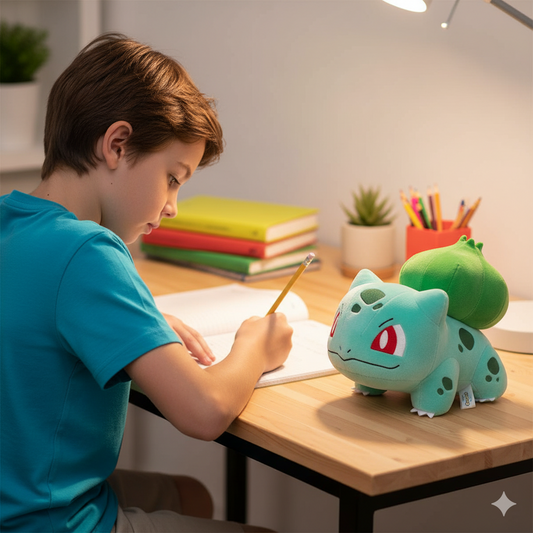 Peluche Bulbizarre posée sur un bureau