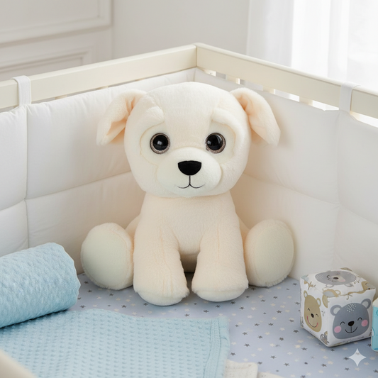 peluche chien dans un lit de bébé