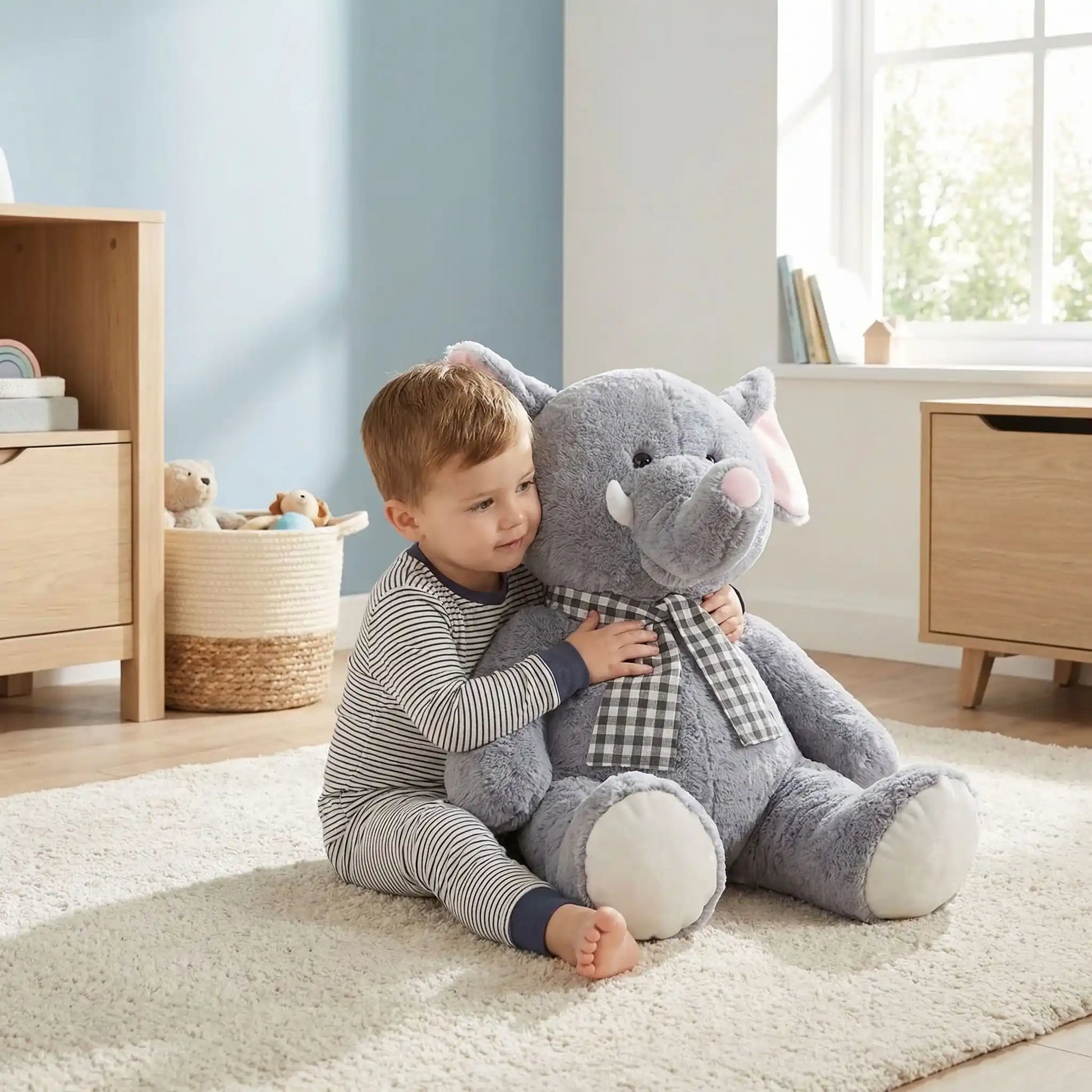 peluche éléphant gris de 75cm dans les bras d'un petit garçon