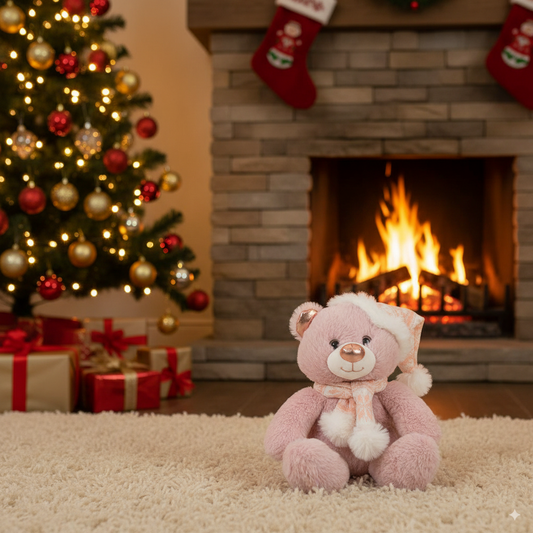 peluche en ours rose de 28cm devant une cheminée