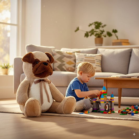 Peluche Géante Chien Bulldog à côté d'un petit garçon