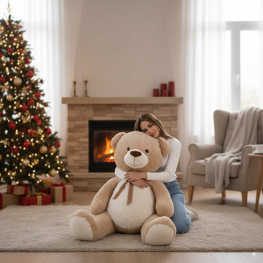femme qui tient dans ses bras une peluche geante de 140cm