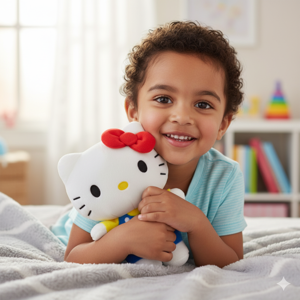 petit garçon avec sa peluche hello kitty bleu