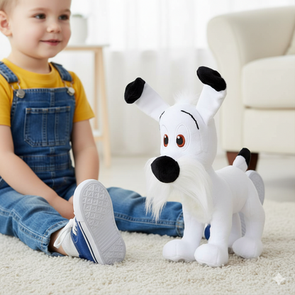 peluche idefix avec un petit garçon