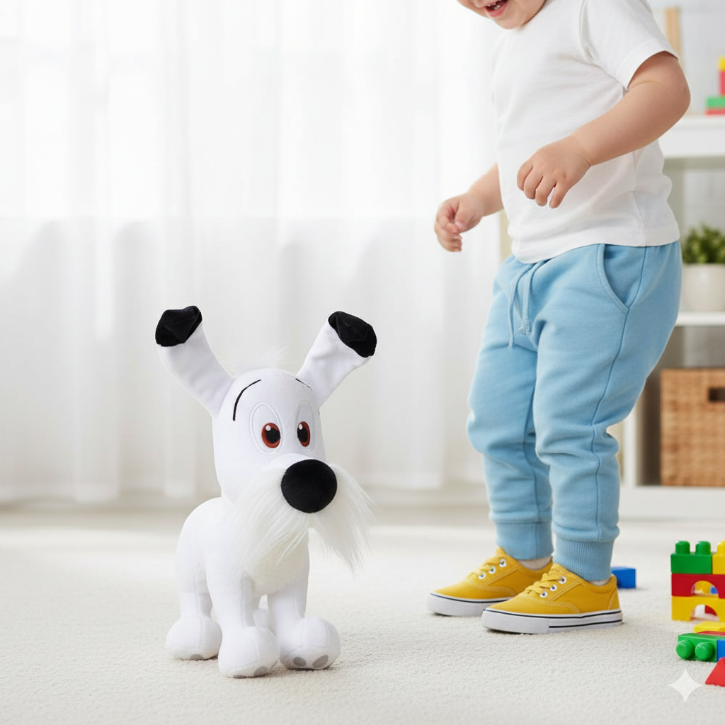 peluche idefix au pied d'un enfant