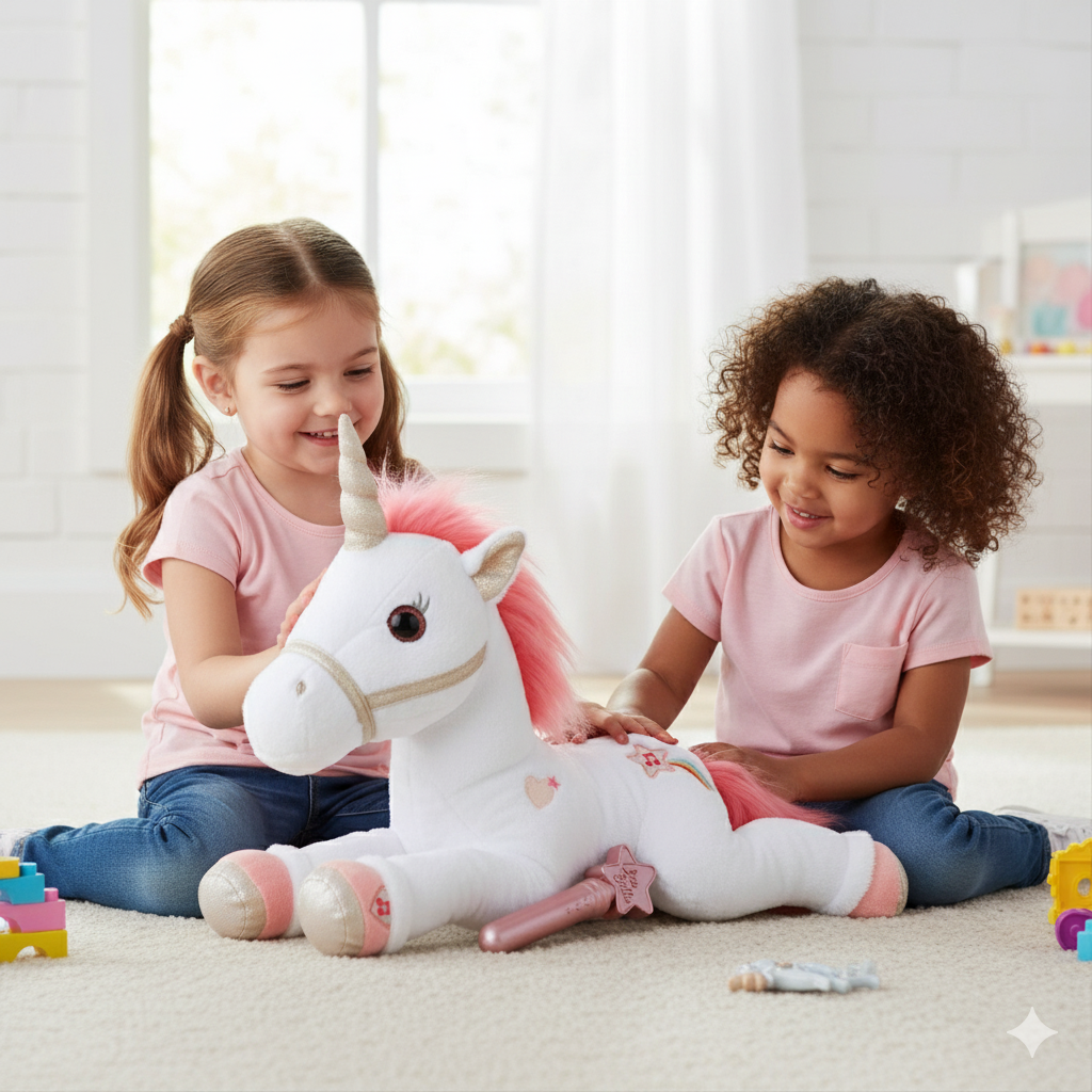 deux petites filles qui jouent avec la peluche licorne interactive