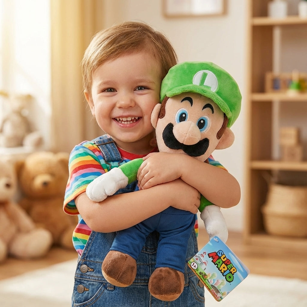 peluche luigi mario bros de 30cm avec un enfant