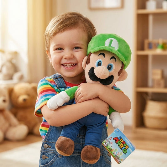 peluche luigi mario bros de 30cm avec un enfant