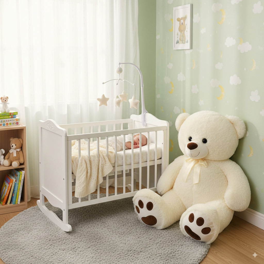 peluche ours de 100cm dans une chambre de bébé