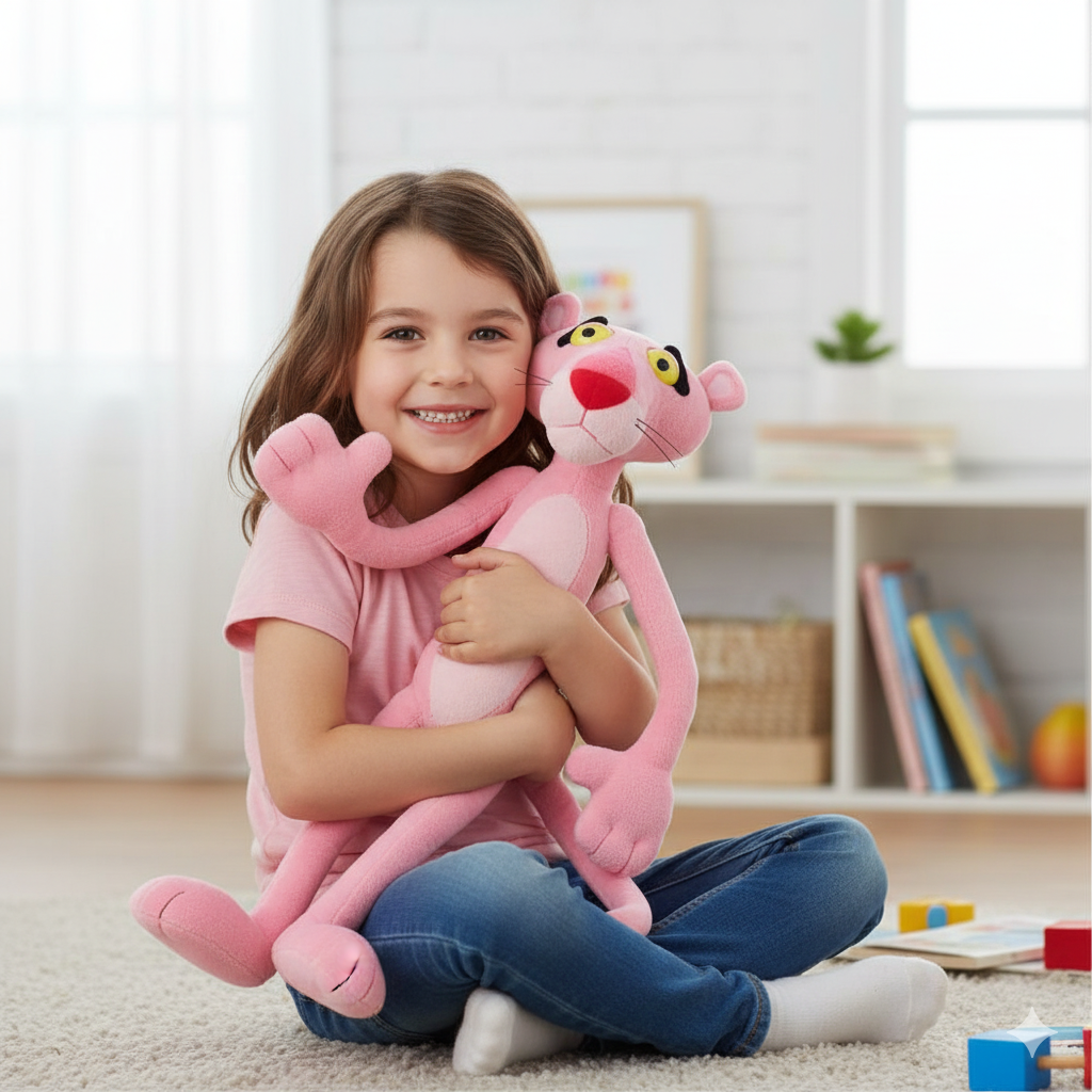 peluche panthere rose dans les bras d'une jeune fille