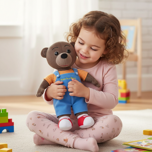 peluche petit brun dans les bras d'une petite fille