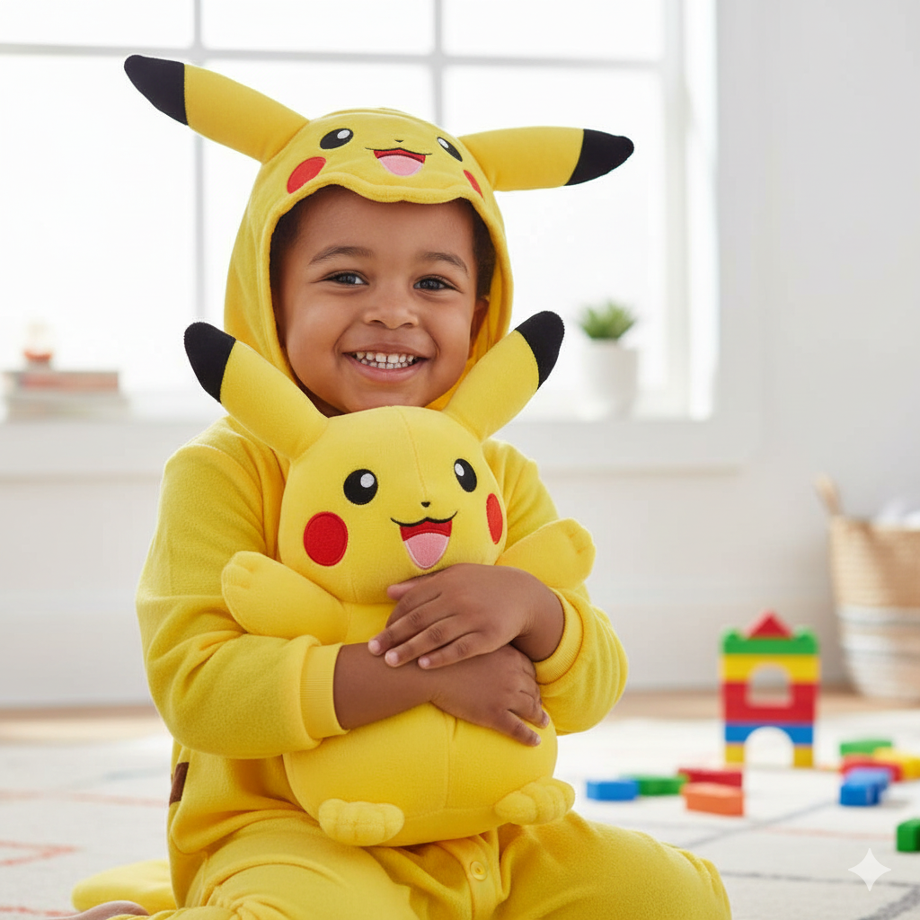 petit garçon déguisé en pikachu qui tient sa peluche pikachu