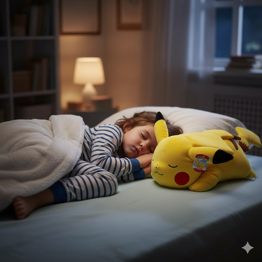 petit garçon qui dort avec sa peluche pikachu qui dort