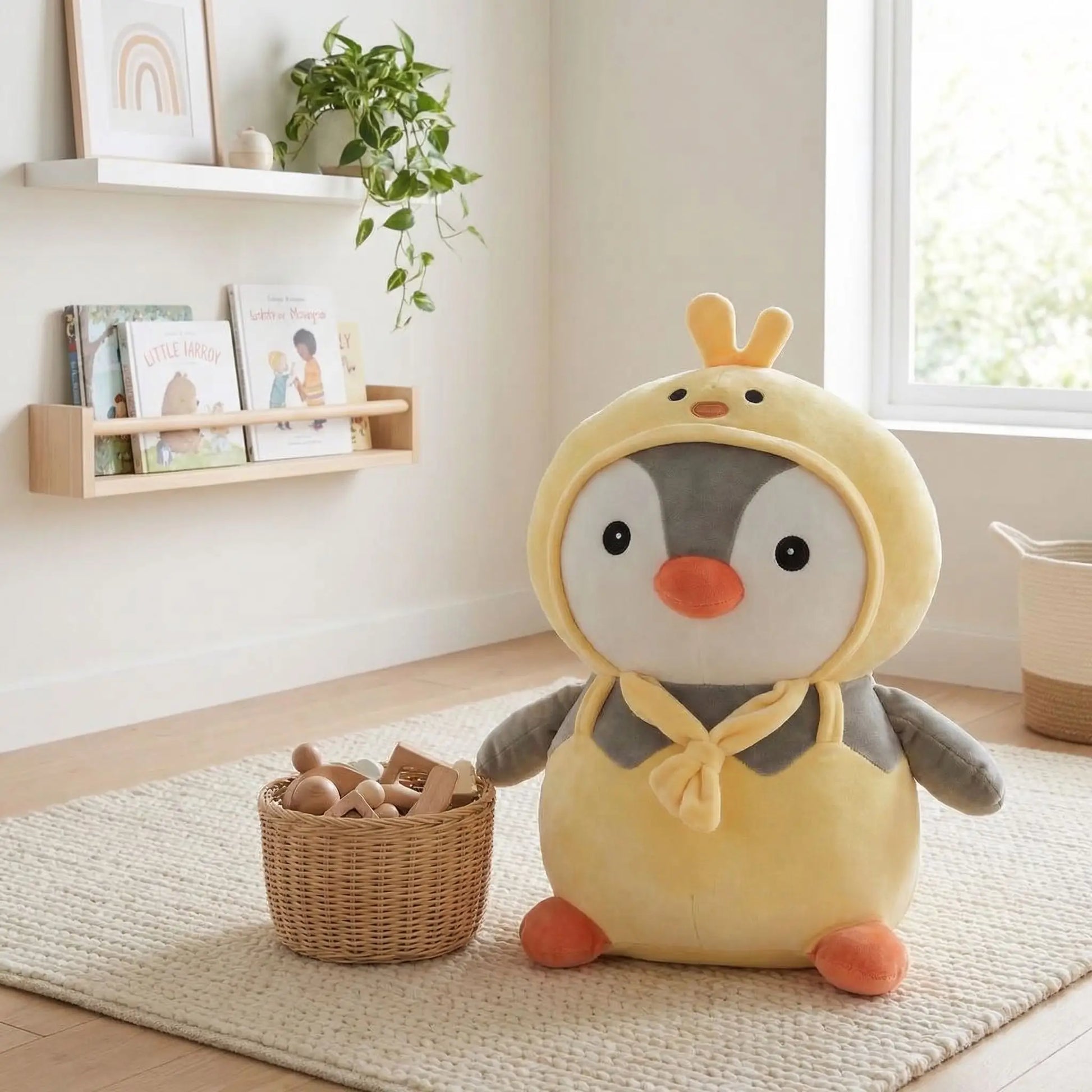 peluche pingouin habillée avec une tenue jaune de 80cm