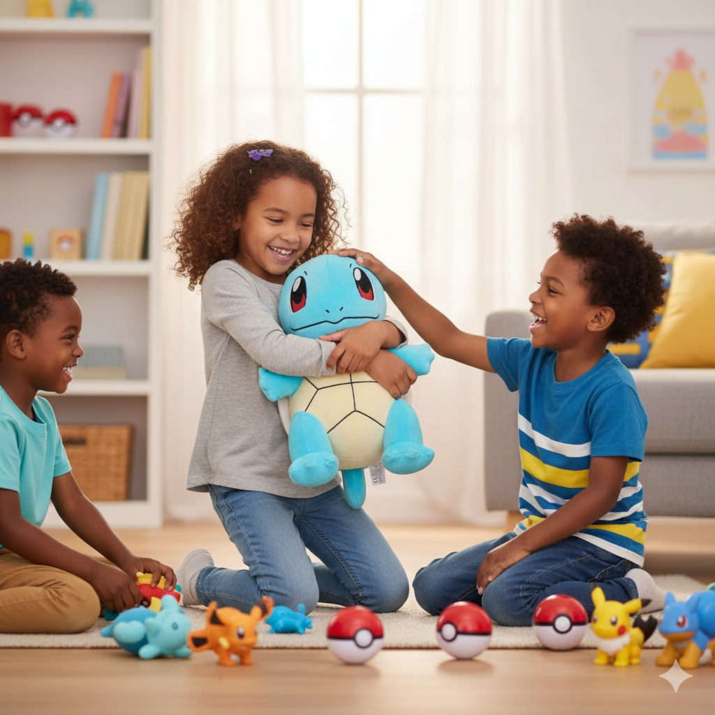 Enfants qui jouent avec la peluche pokemon carapuche