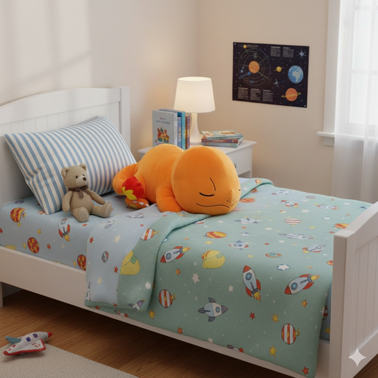 Peluche Samalèche qui dort dans un lit pour enfant