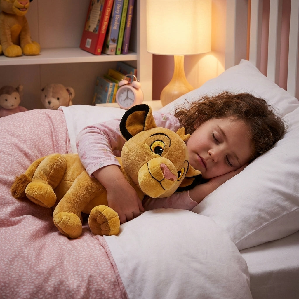 peluche simba disney dans les bras d'une enfant