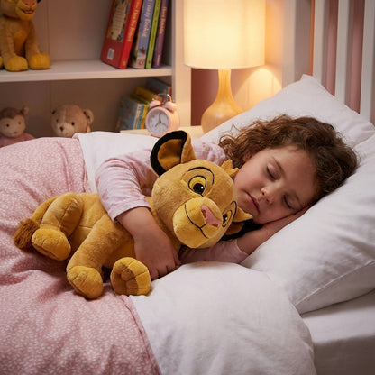 peluche simba disney dans les bras d'une enfant
