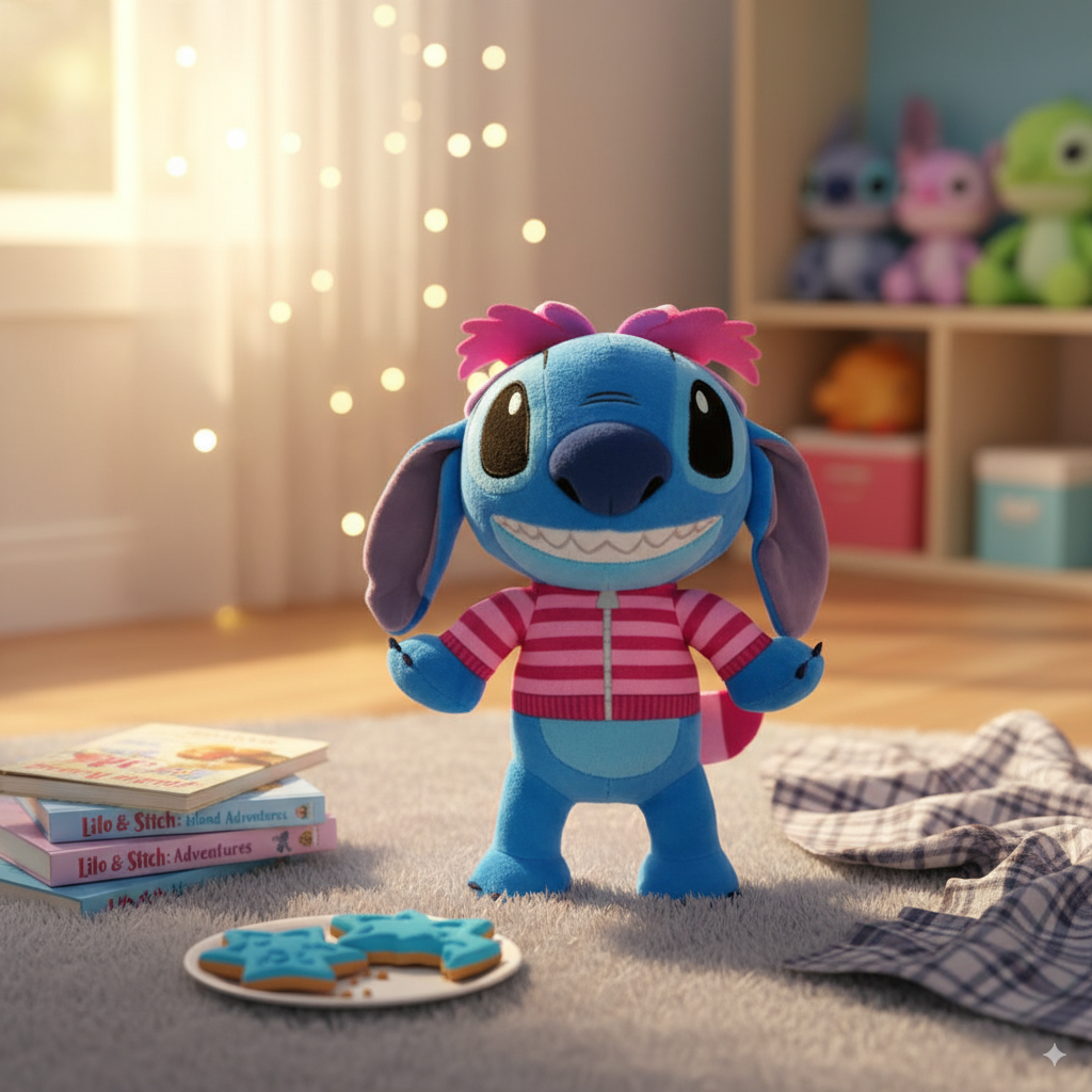 peluche stitch dans une chambre d'enfant