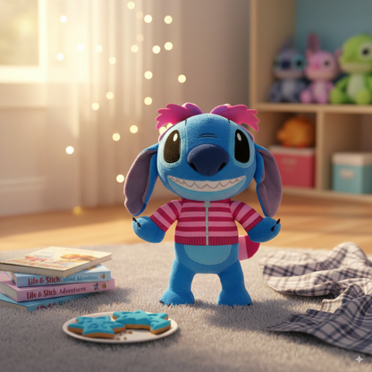 peluche stitch dans une chambre d'enfant