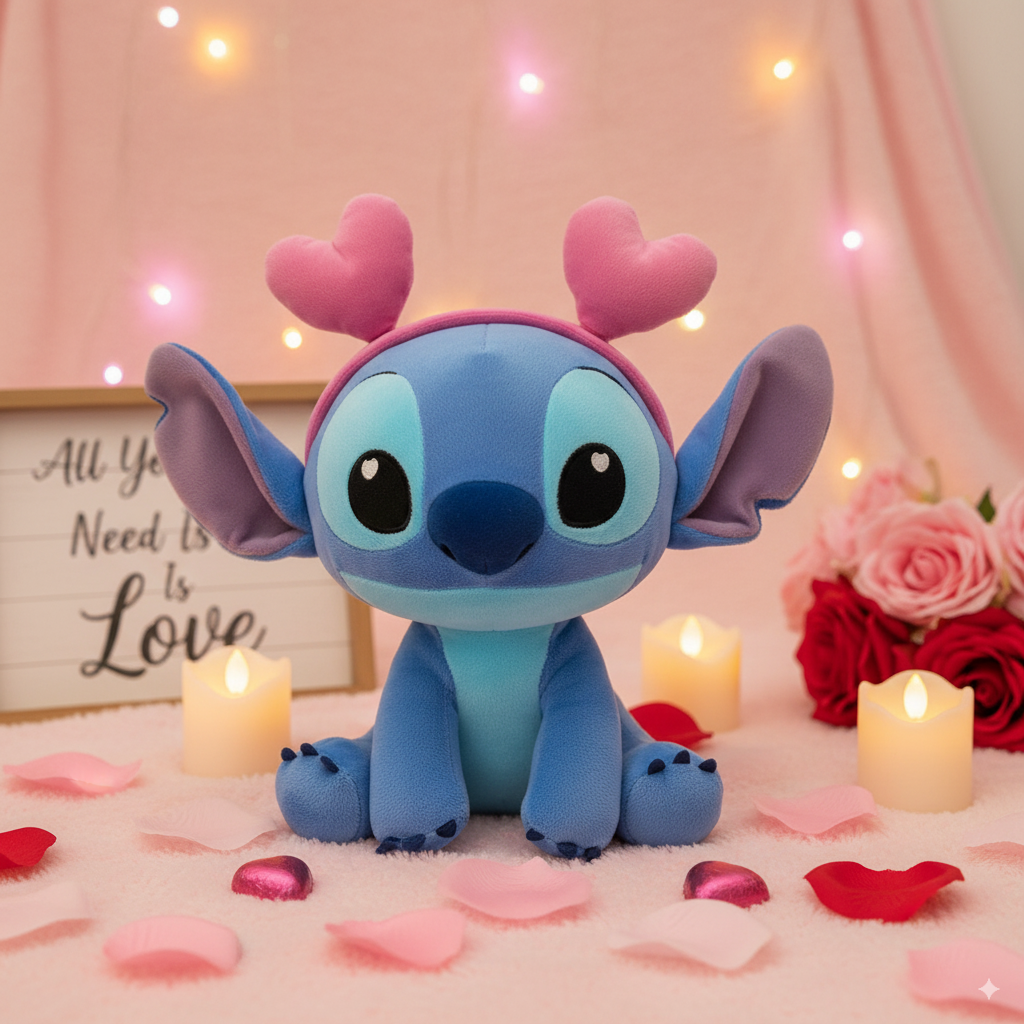 stitch peluche avec des coeurs dans une ambiance amoureuse