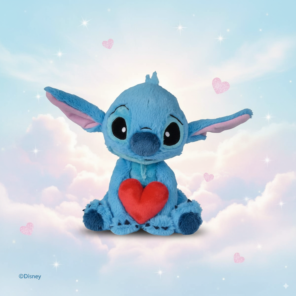 peluche stitch disney qui tient un coeur rouge