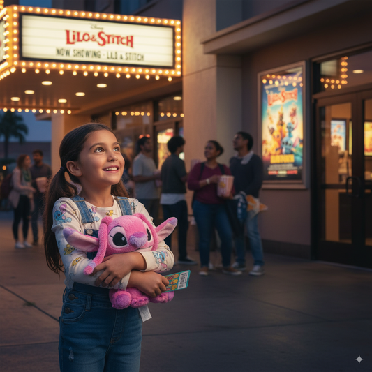 petite fille qui tient la peluche stitch rose angel devant le cinéma