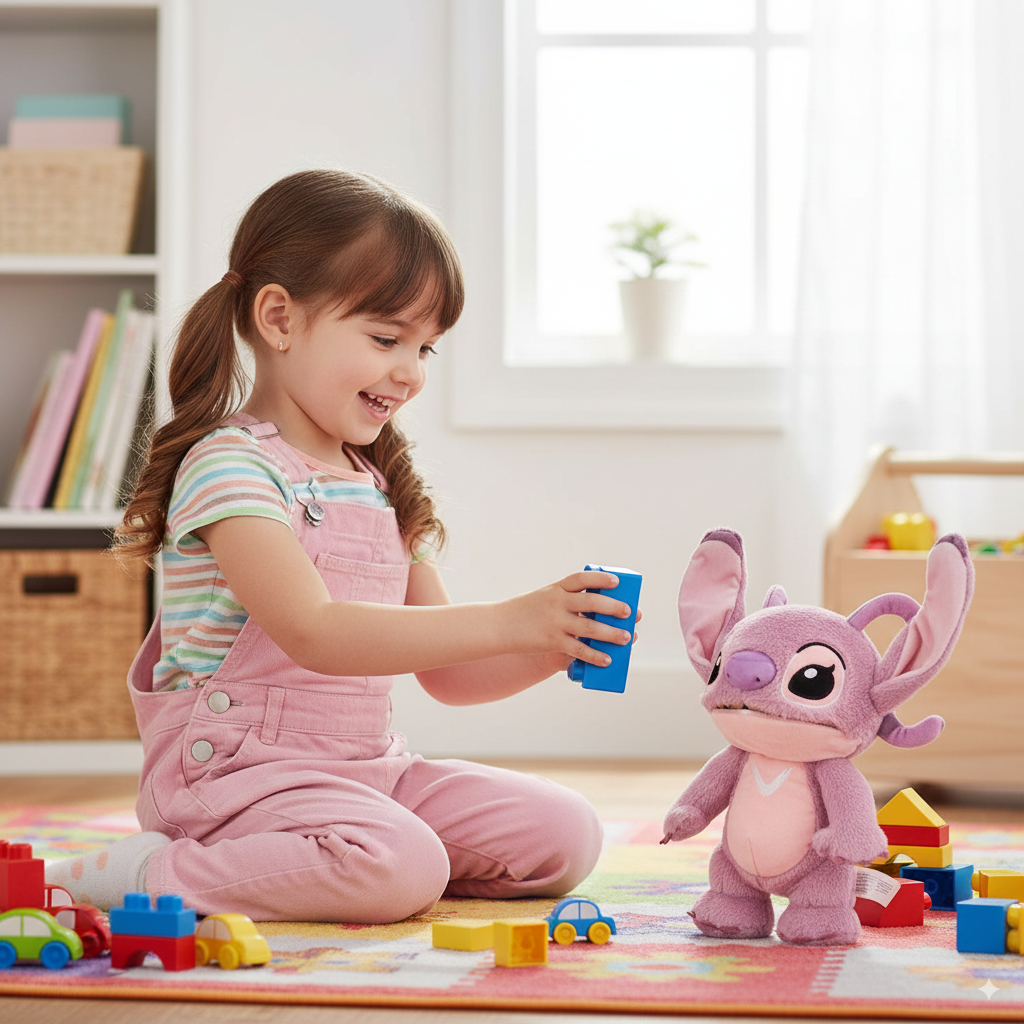 petite fille qui joue avec la peluche stitch rose