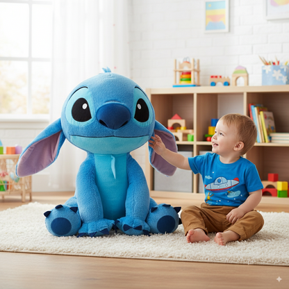 peluche stitch xxl de 120cm à côté d'une petit garçon