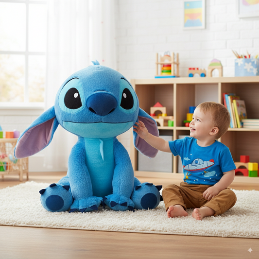 peluche stitch xxl de 120cm à côté d'une petit garçon
