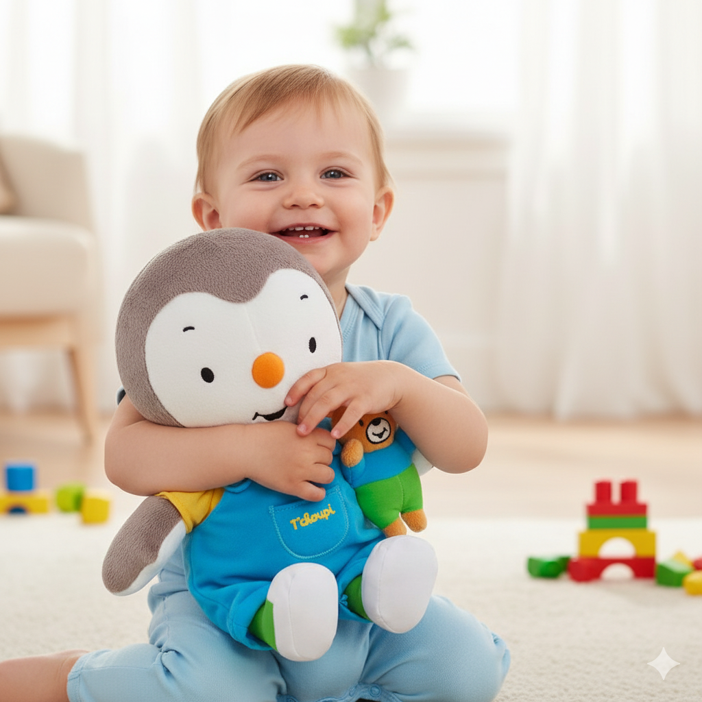 petit garçon qui tient une peluche tchoupi et doudou