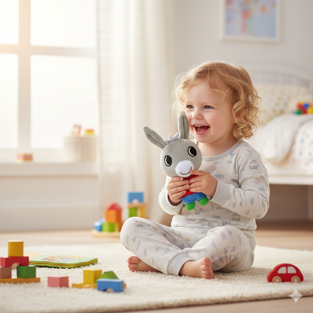petite fille avec sa petite peluche trotro de 13cm