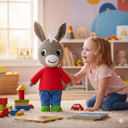 peluche trotro de 40cm debout dans une chambre avec une enfant