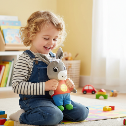 enfant qui tient sa peluche trotro musical