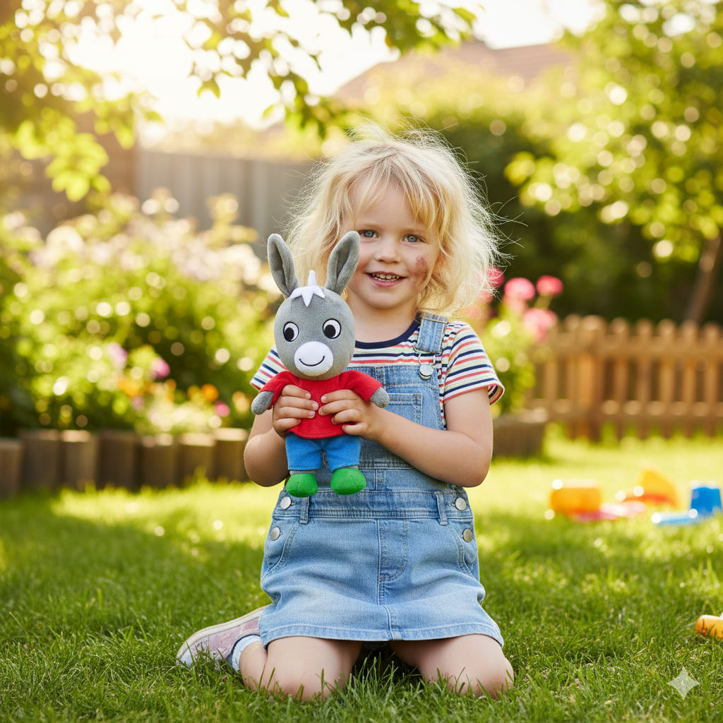 petite fille qui jour avec sa peluche trotro dans le jardin