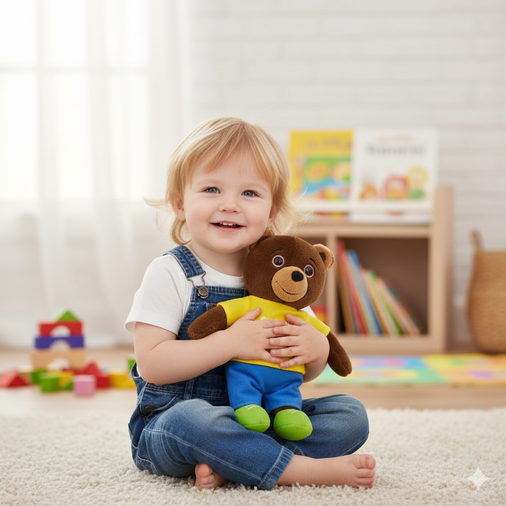 petit garçon qui fait un câlin à la peluche petit ours brun