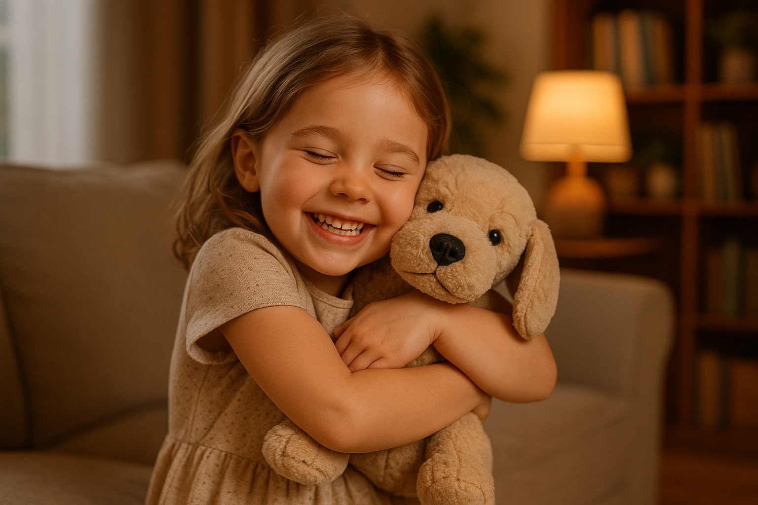 petite fille souriante qui fait un magnifique calin à une peluche chien dans un salon