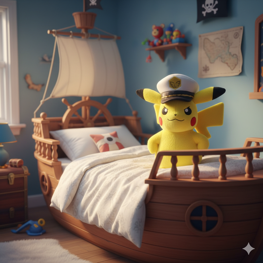 Le pikachu peluche avec son chapeau de capitaine dans une chambre d'enfant