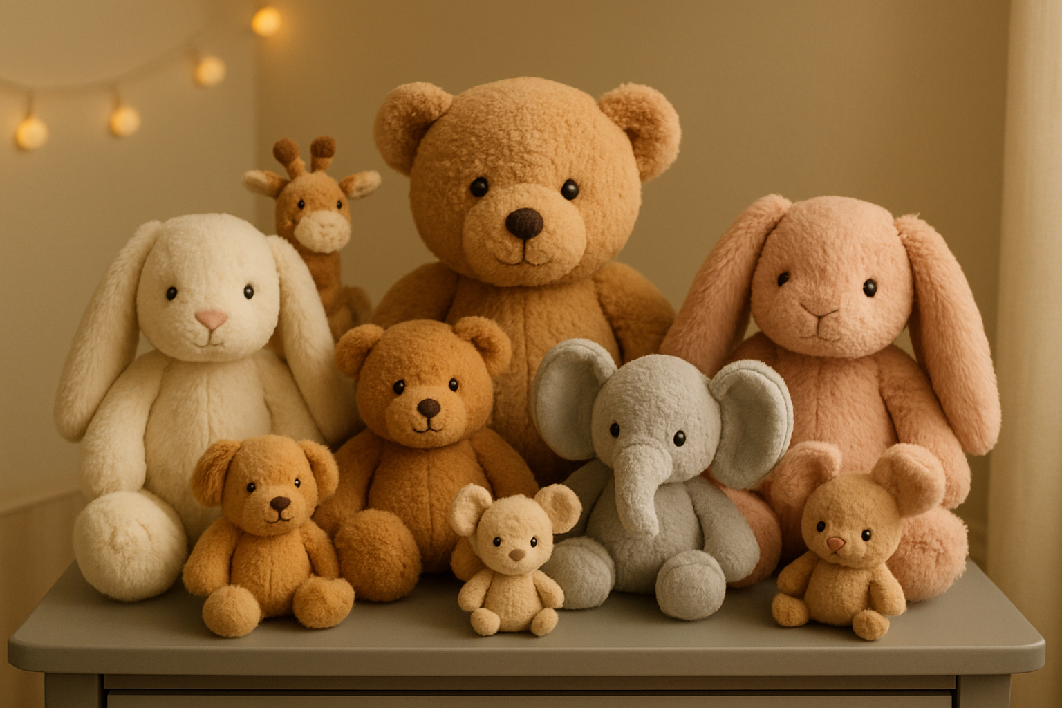plusieurs peluches posé sur le haut d'un meuble gris dans une chambre d'enfant, le plan prendra que le haut du meuble. 