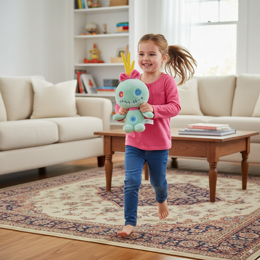 petit fille qui court avec la peluche de lilo, souillon