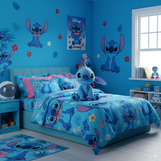 Stitch Peluche de 50cm dans une chambre d'enfant aux couleurs de Stitch