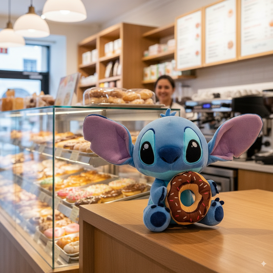 stitch peluche avec son donuts sur un comptoir de magasin à donuts
