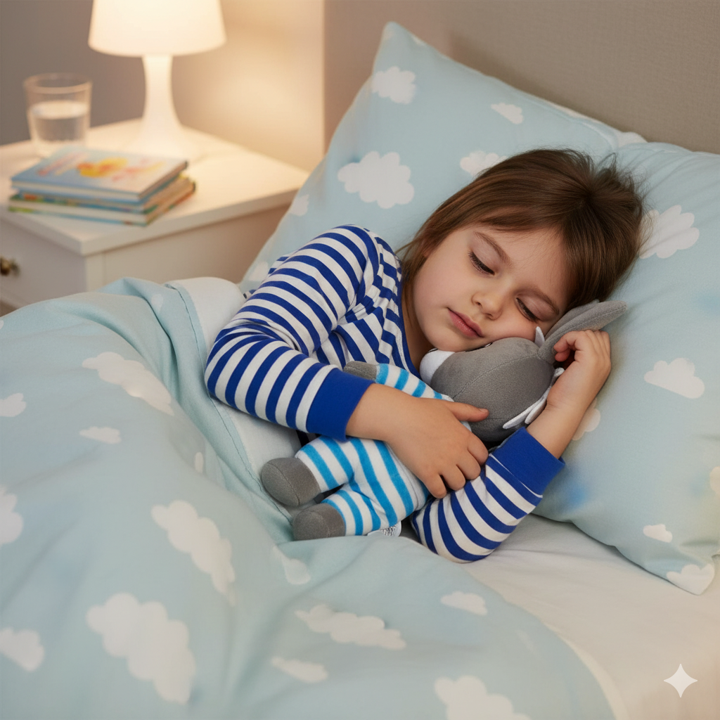 petite fille qui s'endort avec sa peluche trotro